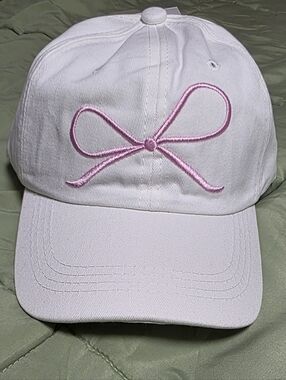 White Baseball Cap Adjustable with Pink Bow Accent